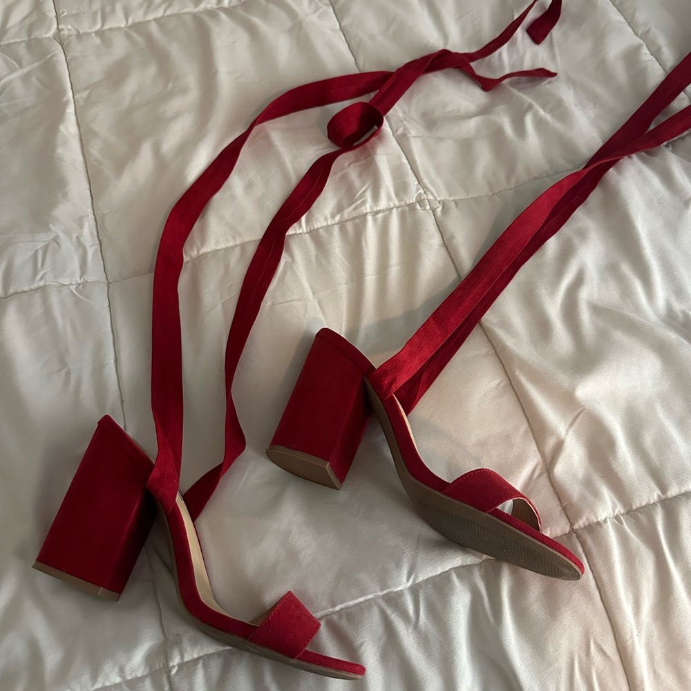 Lulu’s faux suede lace up block heels